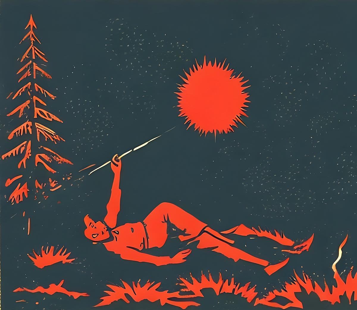 Титульное изображение для страницы события: красный рисунок на черном, человек лежит в лесу и направляет палку в сторону солнца