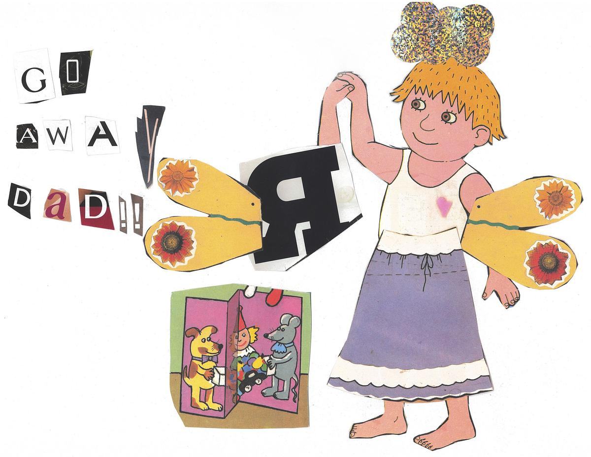 Титульное изображение для страницы события: коллаж, надпись "GO AWAY DAD", девочка, крылья бабочки и рисунок с животными-музыкантами