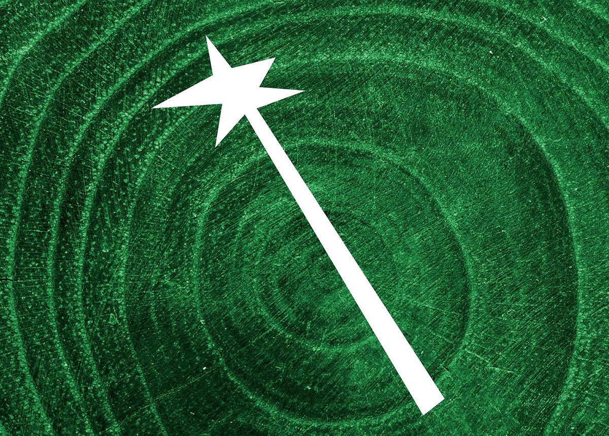 Рисунок, белая волшебная палочка на зеленом фоне, из центра расходятся концентрические круги