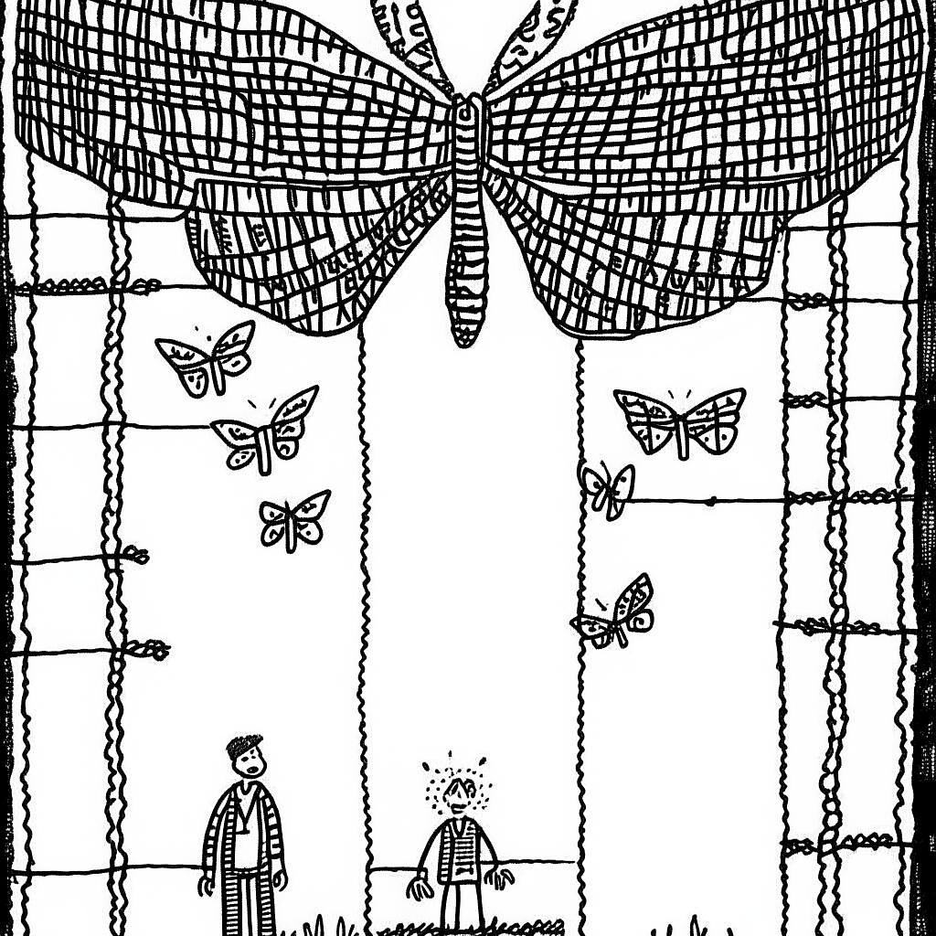Рисунок, люди на сцене под декорациями с огромными бабочками