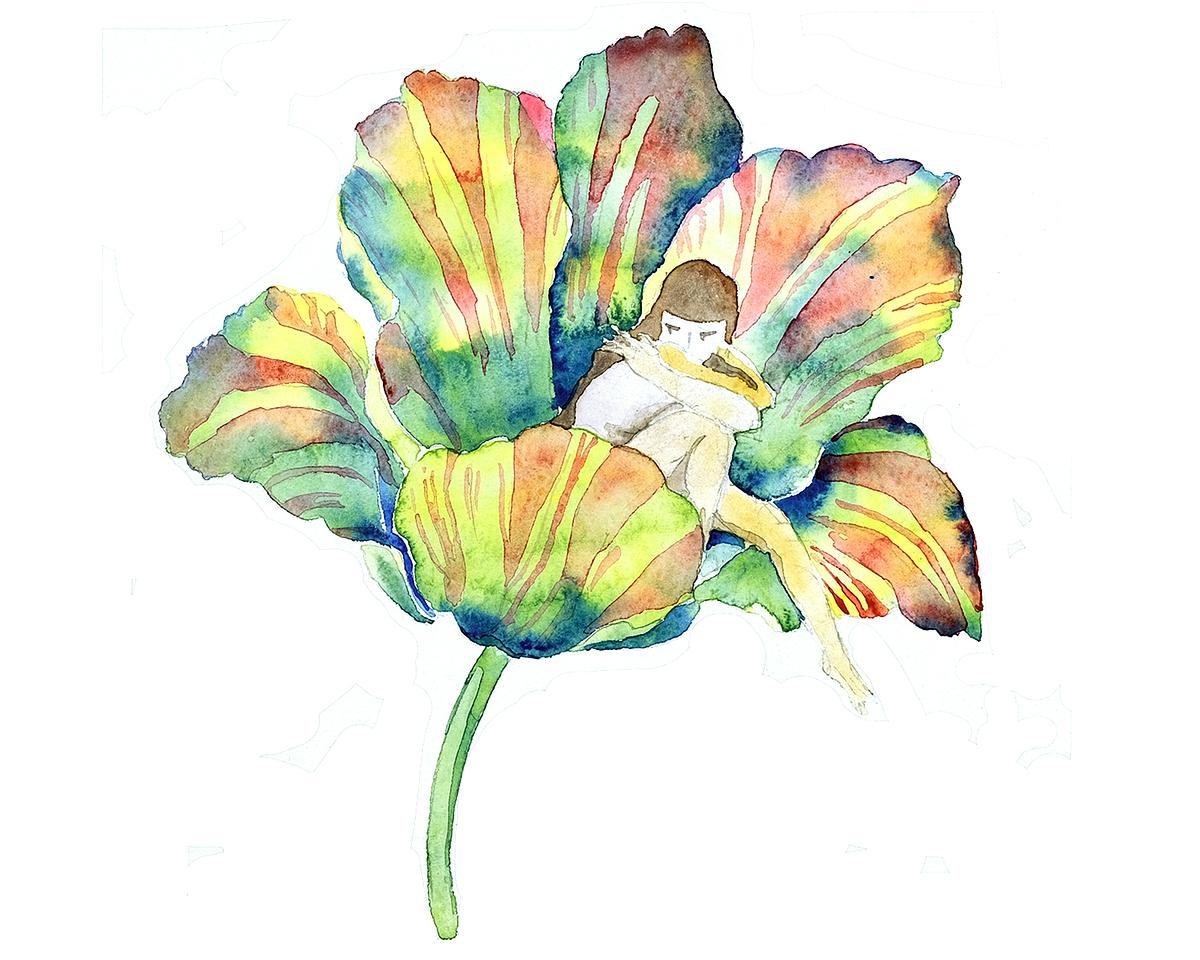 Рисунок, цветок, в лепестках которого сидит девушка