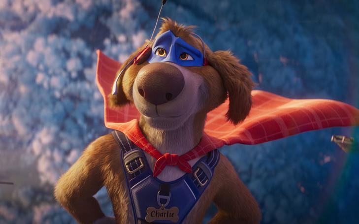 Кадр из фильма «Чарли Чудо-пес», пес с синей маской на глазах и с красным плащом