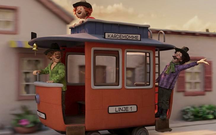 Кадр из фильма «Три разбойника и лев»,  три человеческих кукольных фигуры едут на игрушечном трамвае