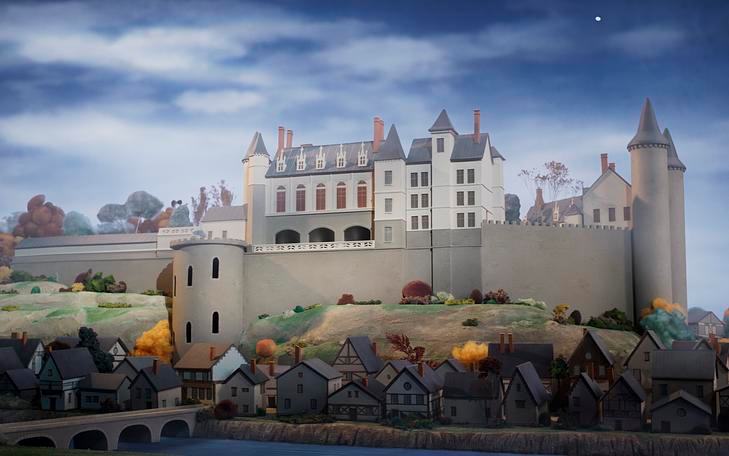 Кадр из фильма «Волшебное приключение Да Винчи», общий вид замка с башнями, под ним дома