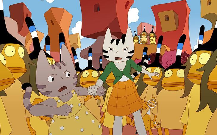 Кадр из фильма «Сирокко из страны ветров», две кошки держатся за руки в окружении странных существ