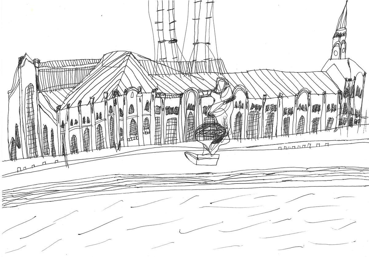 Титульное изображение для страницы события: карандашный рисунок вида здания ГЭС-2 с противоположной набережной