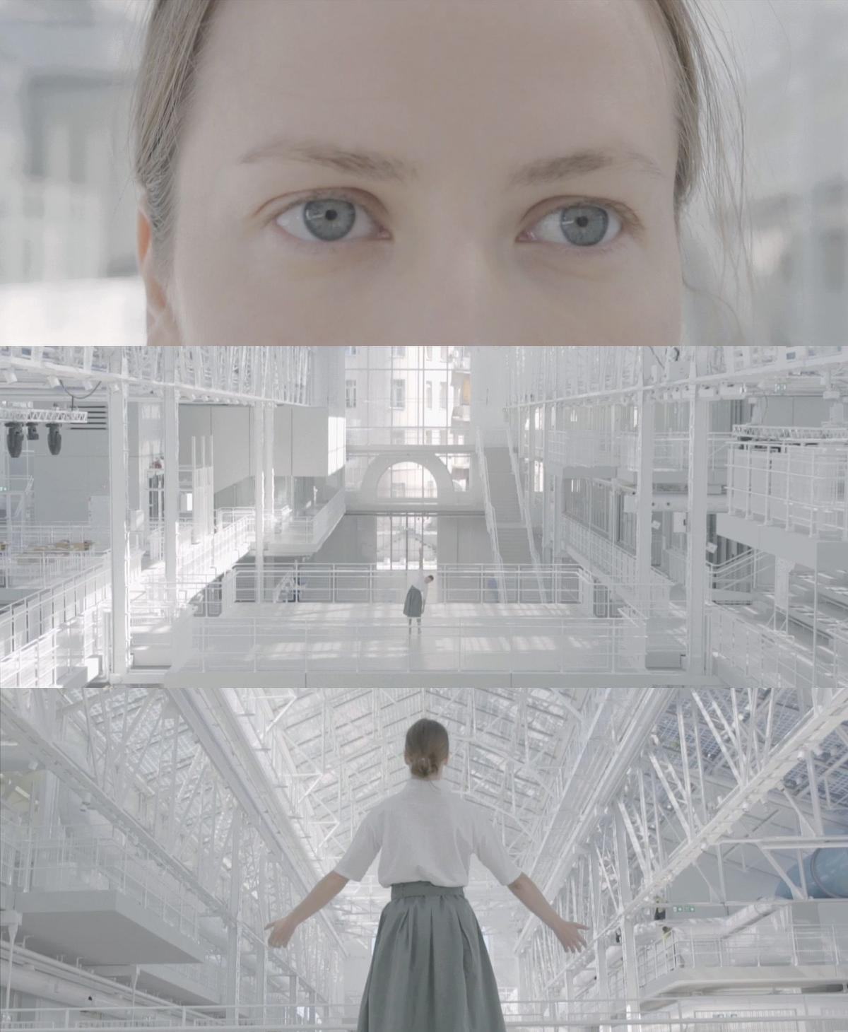 Титульное изображение для страницы события: коллаж из трех фото. Глаза девушки крупным планом, общий план интерьеров ГЭС-2 с девушкой на платформе, девушка спиной с разведенными руками на фоне Проспекта ГЭС-2