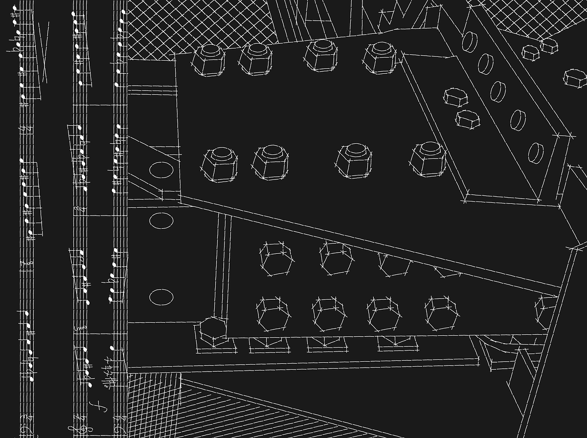 Титульное изображение для страницы события: Фрагмент чертежа некоего устройства, справа сверху вниз идут нотные станы, белые линии на темно-сером фоне