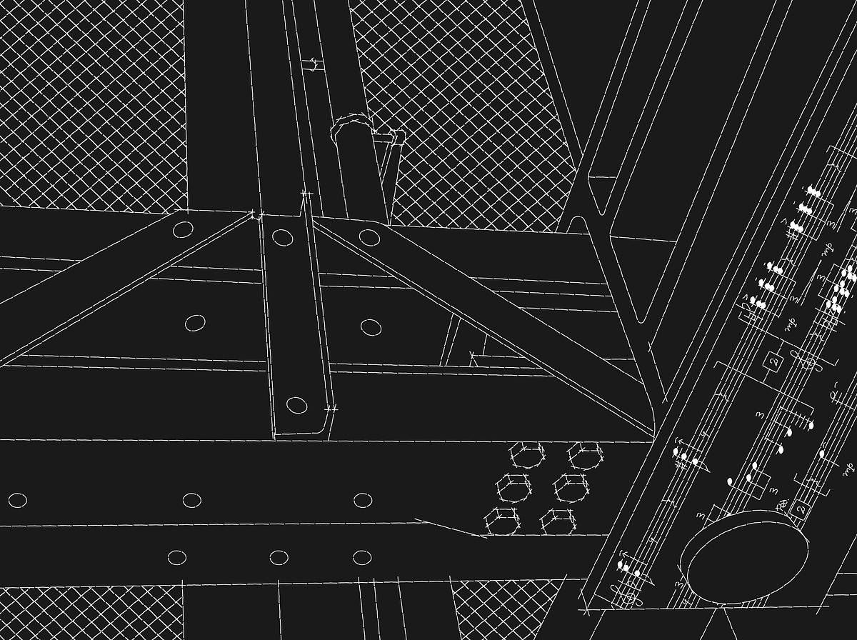 Титульное изображение для страницы события: фрагмент чертежа некоего устройства, справа под углом изображен нотный стан с партитурой, белые линии на темно-сером фоне