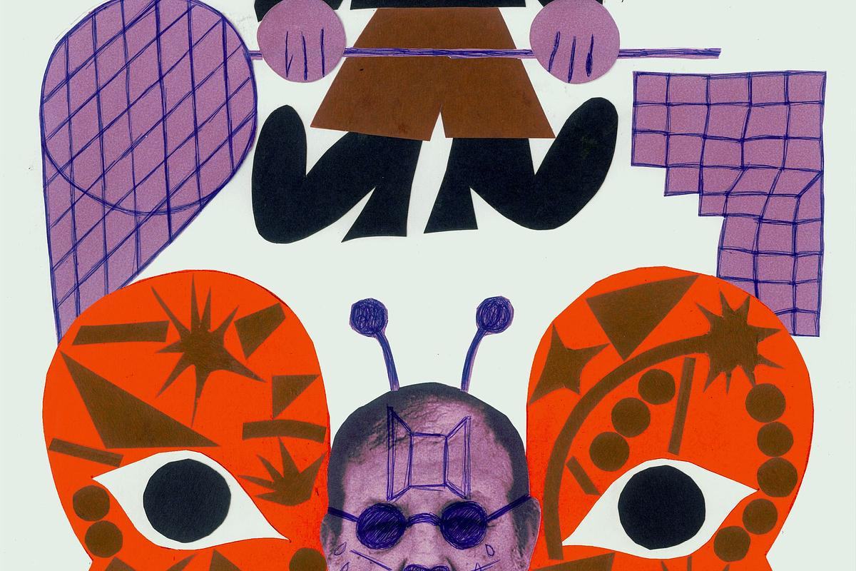 Титульное изображение для страницы события: коллаж, человек в черных сапогах держит сачок в руках, верхняя часть тела скрыта за пределами коллажа, снизу верхняя часть лица человека с нарисованными ручкой антеннами и солнцезащитными очками, по бокам бумажные яркие крылья бабочки