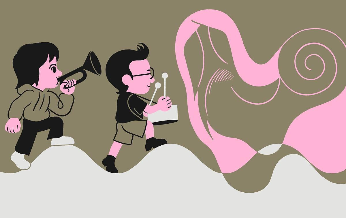 Дети с музыкальными инструментами идут вперед