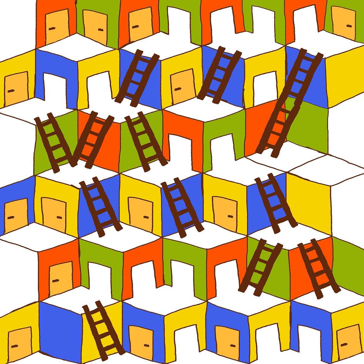 Титульное изображение для страницы события: иллюстрация, сине-желтые и оранжево-зеленые кубики с дверями друг над другом, от нижних к верхним ведут лестницы