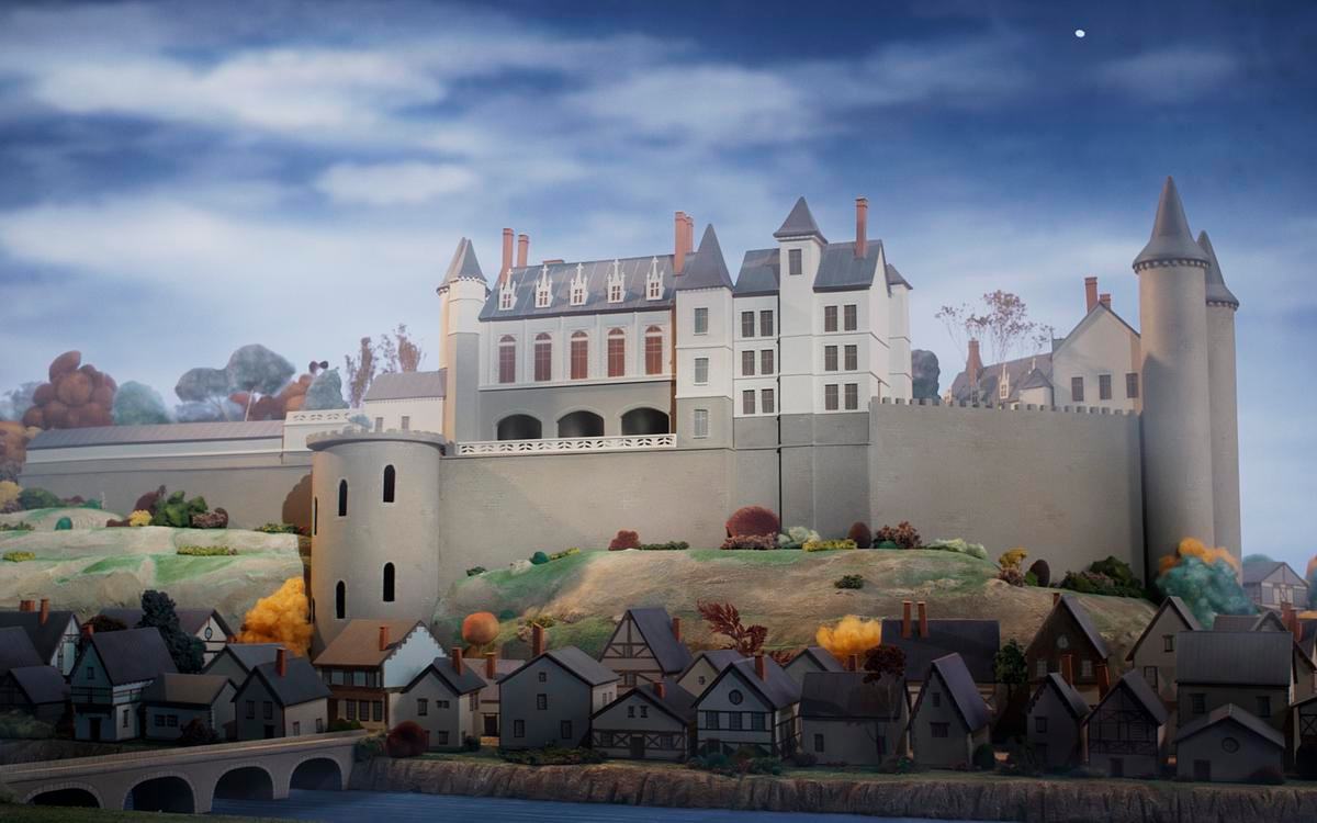 Титульное изображение для страницы события: кадр из фильма «Волшебное приключение Да Винчи», общий вид замка с башнями, под ним дома