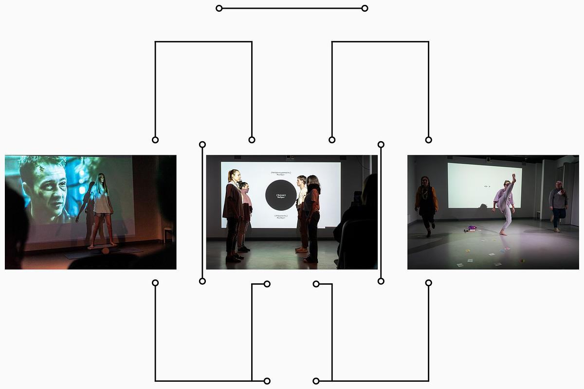 Титульное изображение для страницы события: три фотографии с выступлениями людей на сцене, вокруг на белом фоне черные линии с кружочками на концах