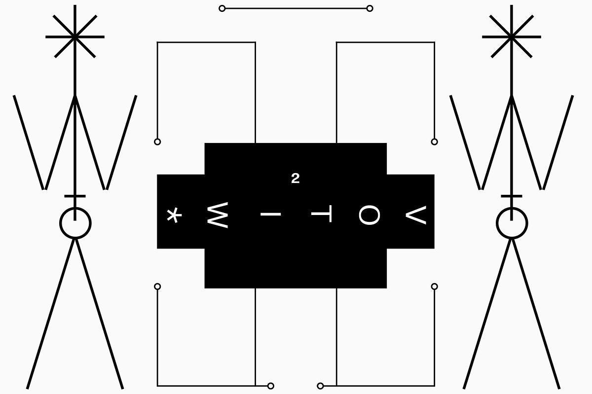 Титульное изображение для страницы события: два человечка из линий и с звездочкой вместо головы по бокам, по центру черные прямоугольники с надписью "VOTIW*"