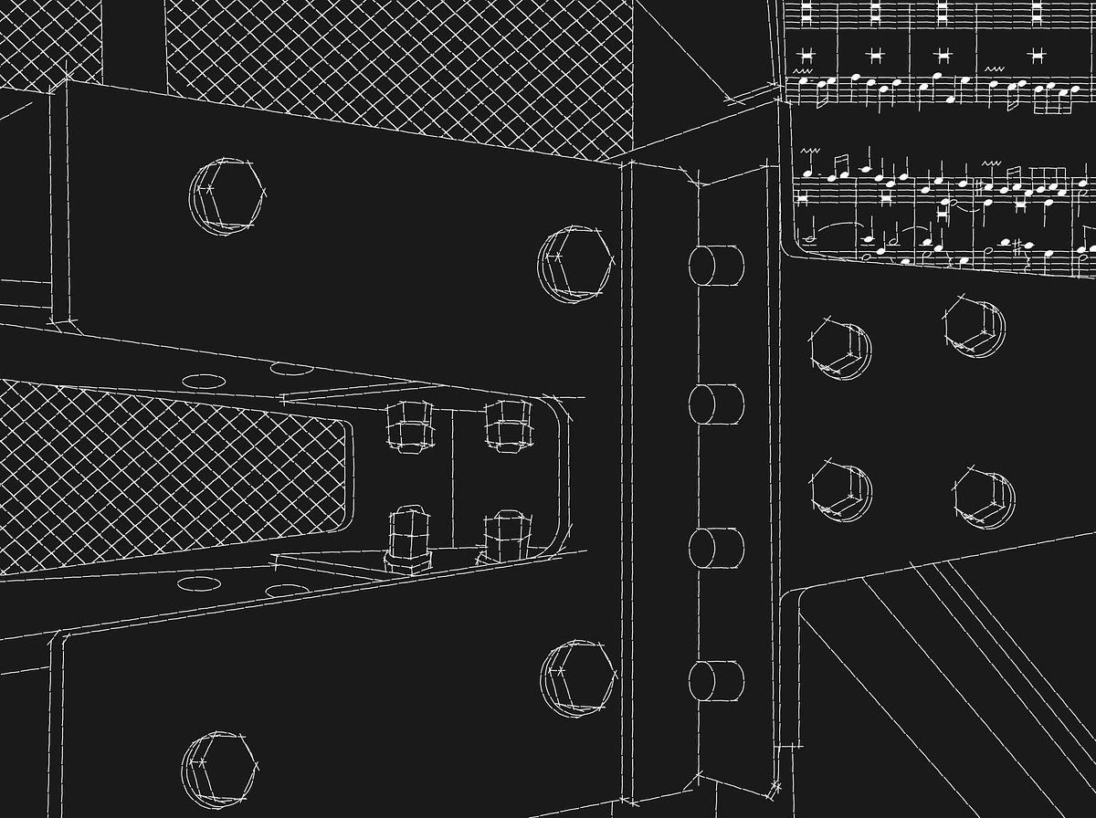 Титульное изображение для страницы события: рисунок белыми линиями на черном фоне, фрагмент строения с наложенной на него партитурой