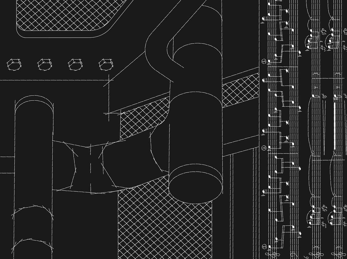 Титульное изображение для страницы события: рисунок белыми линиями на черном фоне, фрагмент строения с наложенной на него партитурой