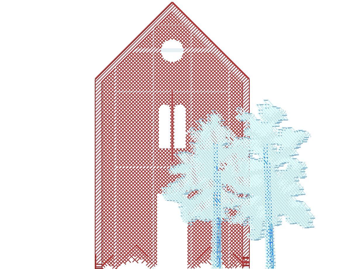 Титульное изображение для страницы события: изображение красного фасада дома и двух голубых деревьев