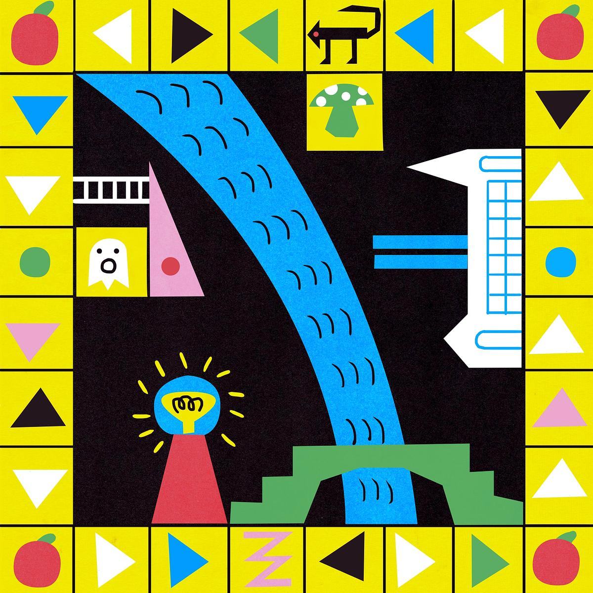 Рисунок, схематическое изображение ГЭС-2 и Москвы-реки, лампочки и гриба