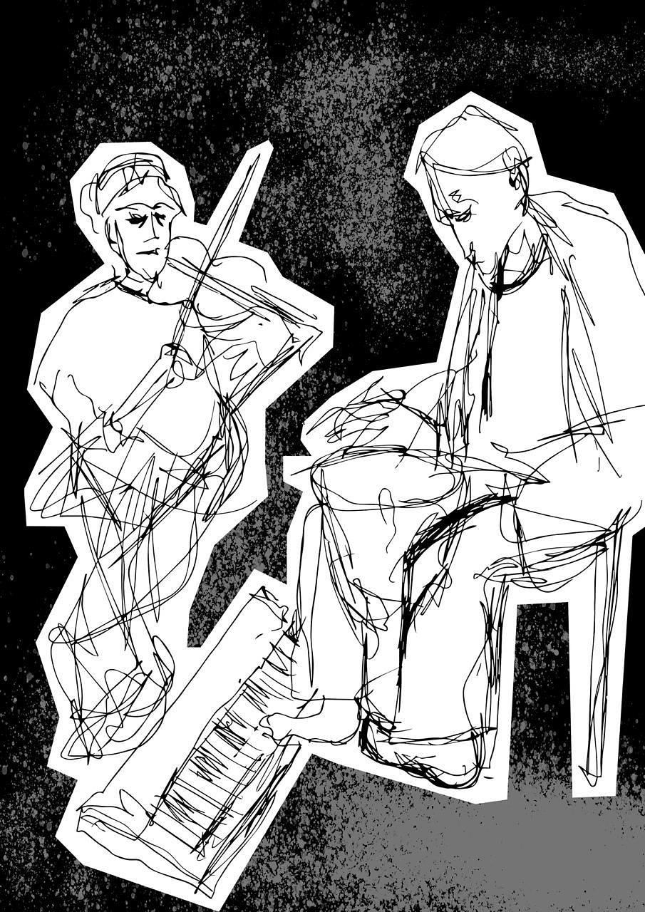рисунок, человек с барабаном и человек со скрипкой