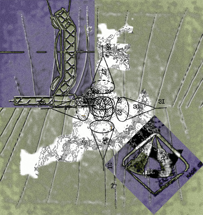 Коллаж, чертеж устройства поверх абстрактных изображений
