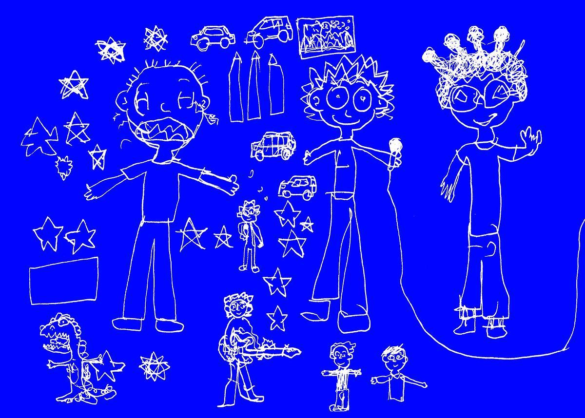 Рисунок, дети стоят на синем фоне в окружении звезд и прямоугольников