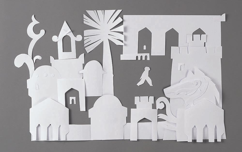 Аппликация, сказочный город из белой бумаги на сером фоне