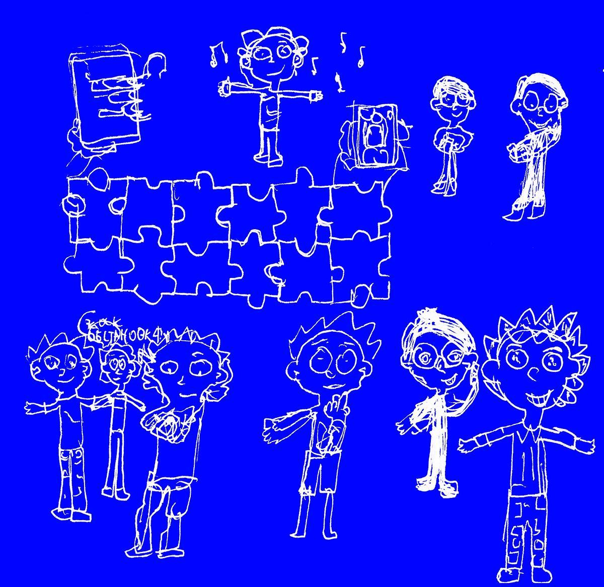 Рисунок белыми линиями на синем фоне, группа детей собирает паззл