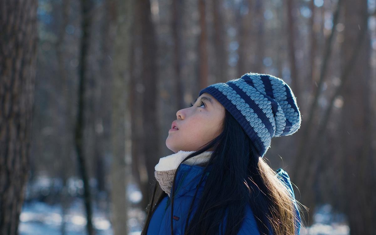 Кадр из фильма «Зло не существует», девочка в зимнем лесу смотрит вверх
