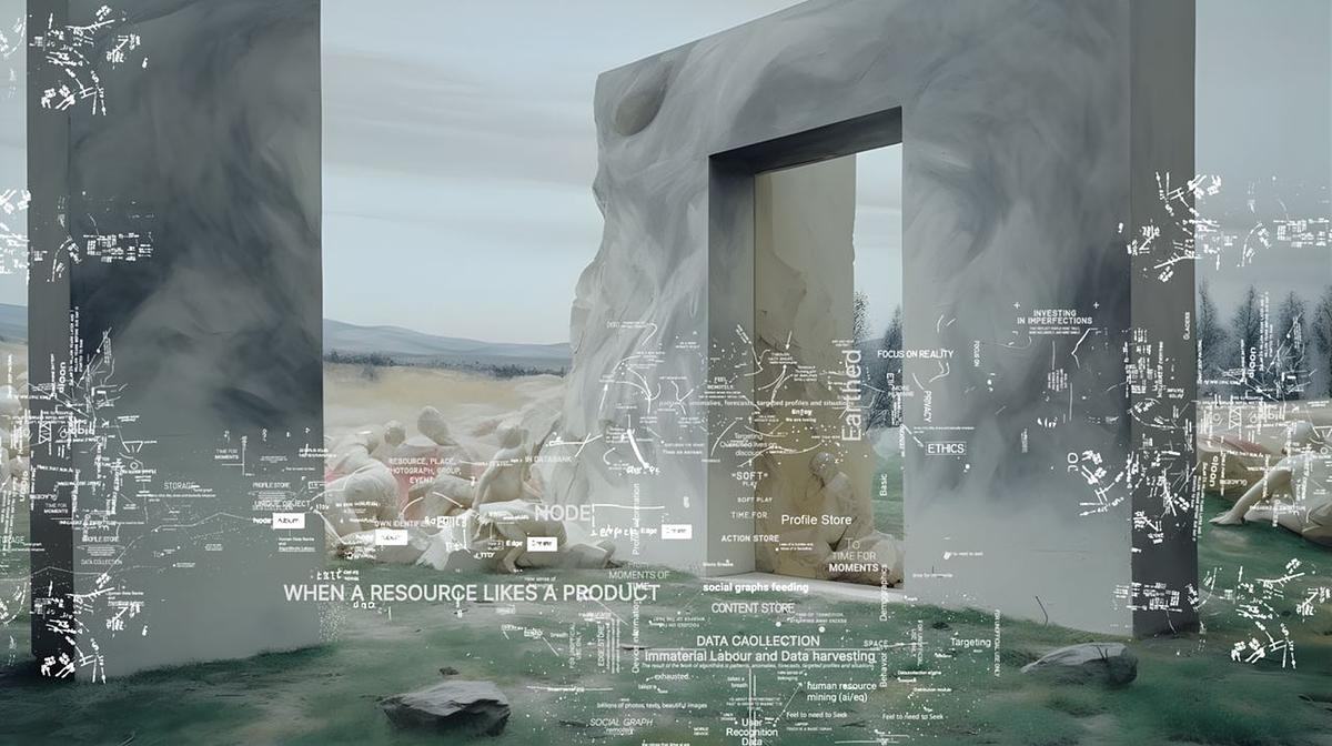 Руины здания с сеткой надписей сверху