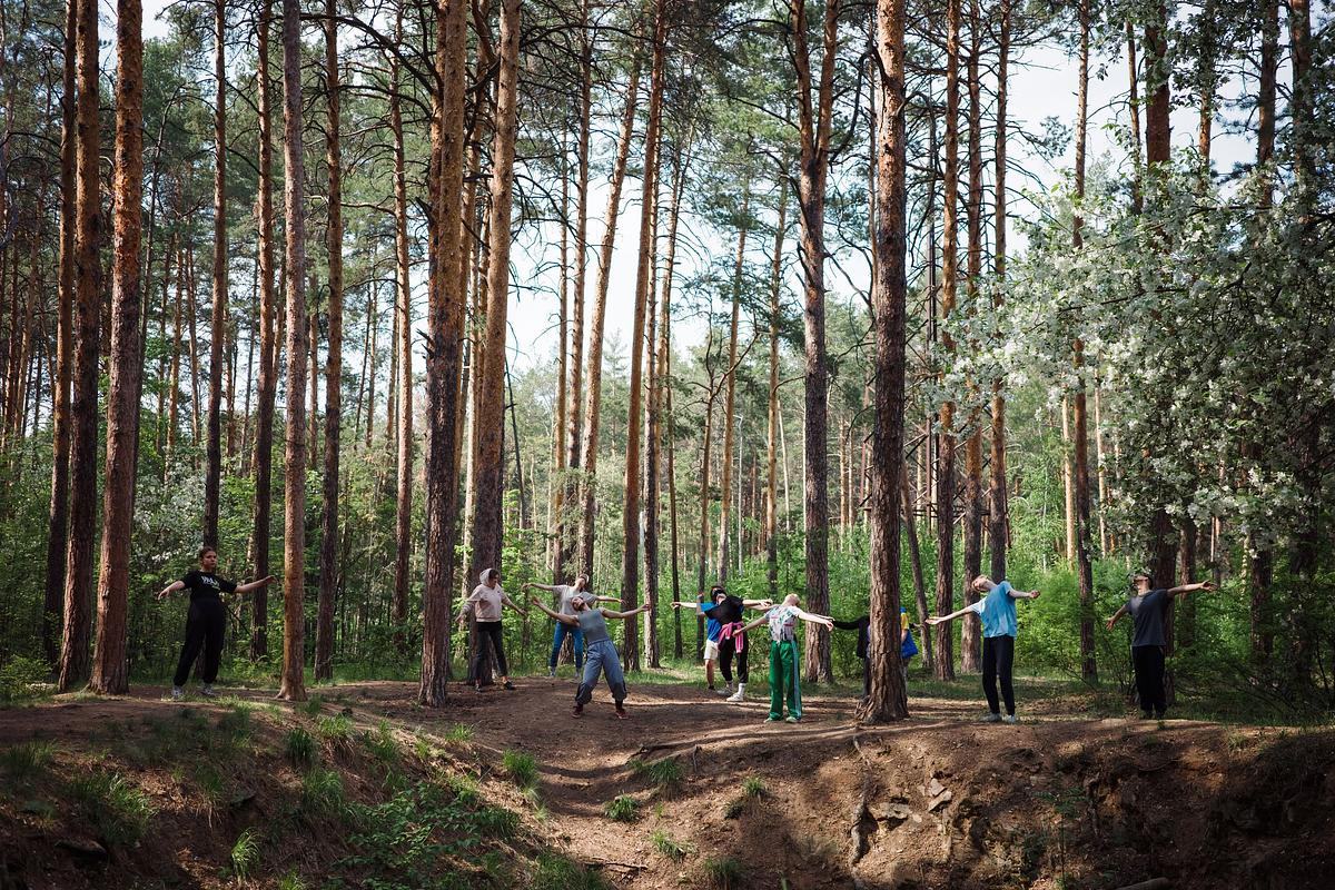 Люди делают групповое упражнение в лесу