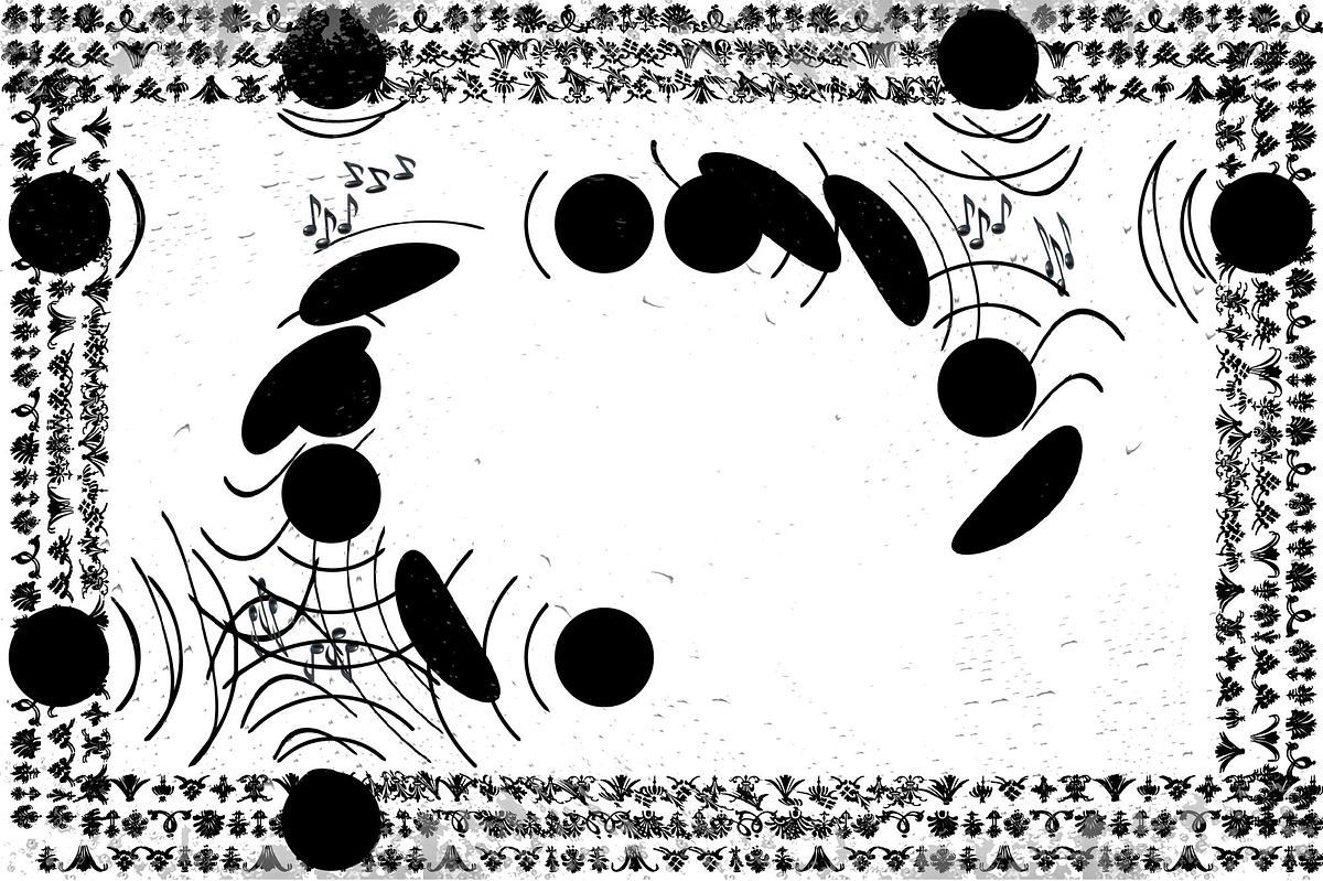 Черные круги и перья на нотном стане