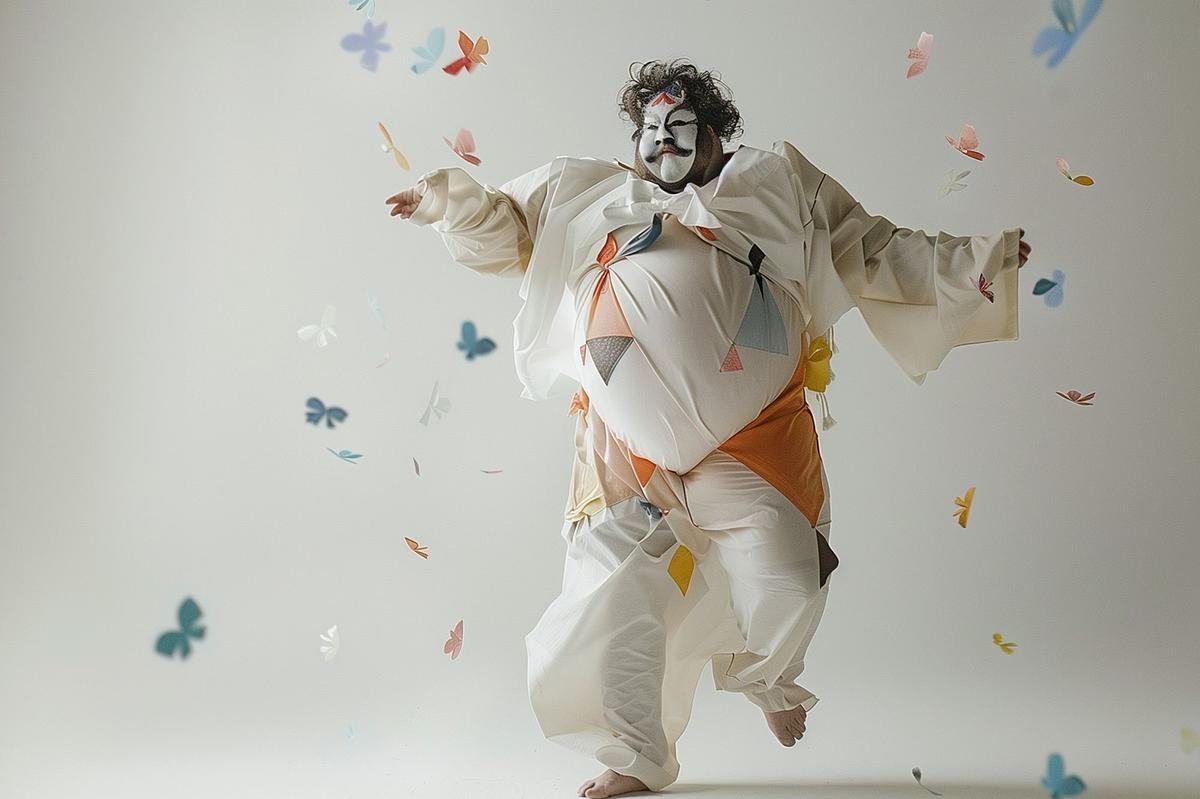 Фигура в белом и в белой маске летит в окружении бабочек