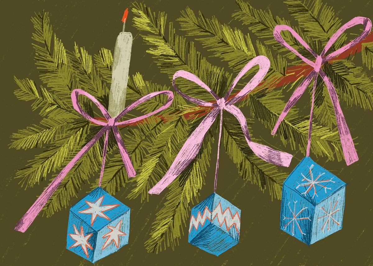 Рисунок, голубые кубики с белыми орнаментами висят на еловой ветке