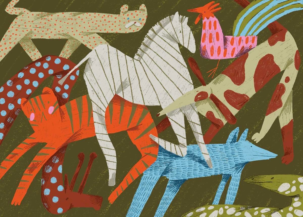 Рисунок, разноцветные животные