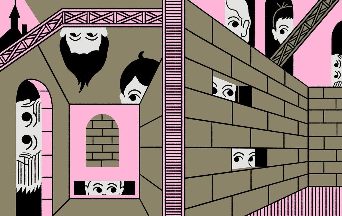 Дети заглядывают в разные углы здания