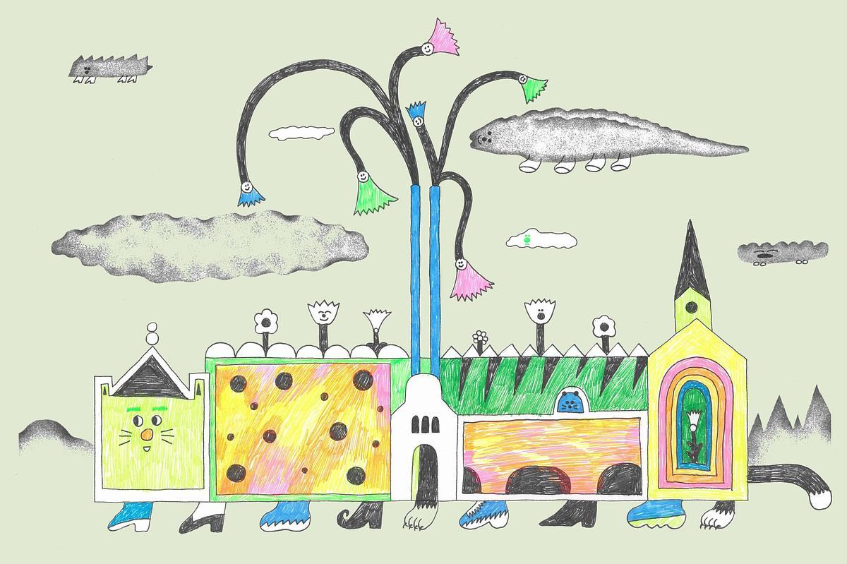 Рисунок, дерево растет из ГЭС-2, в небе летают существа