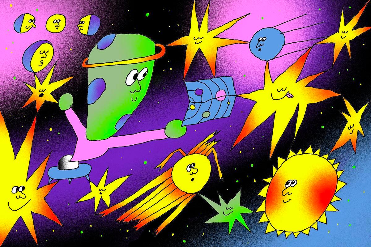 Рисунок, звезды и планеты улыбаются друг-другу и пришельцу в летающей тарелке