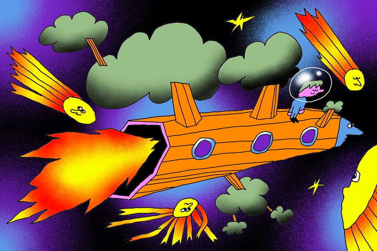 Рисунок, деревянная ракета с космонавтом в окружении комет