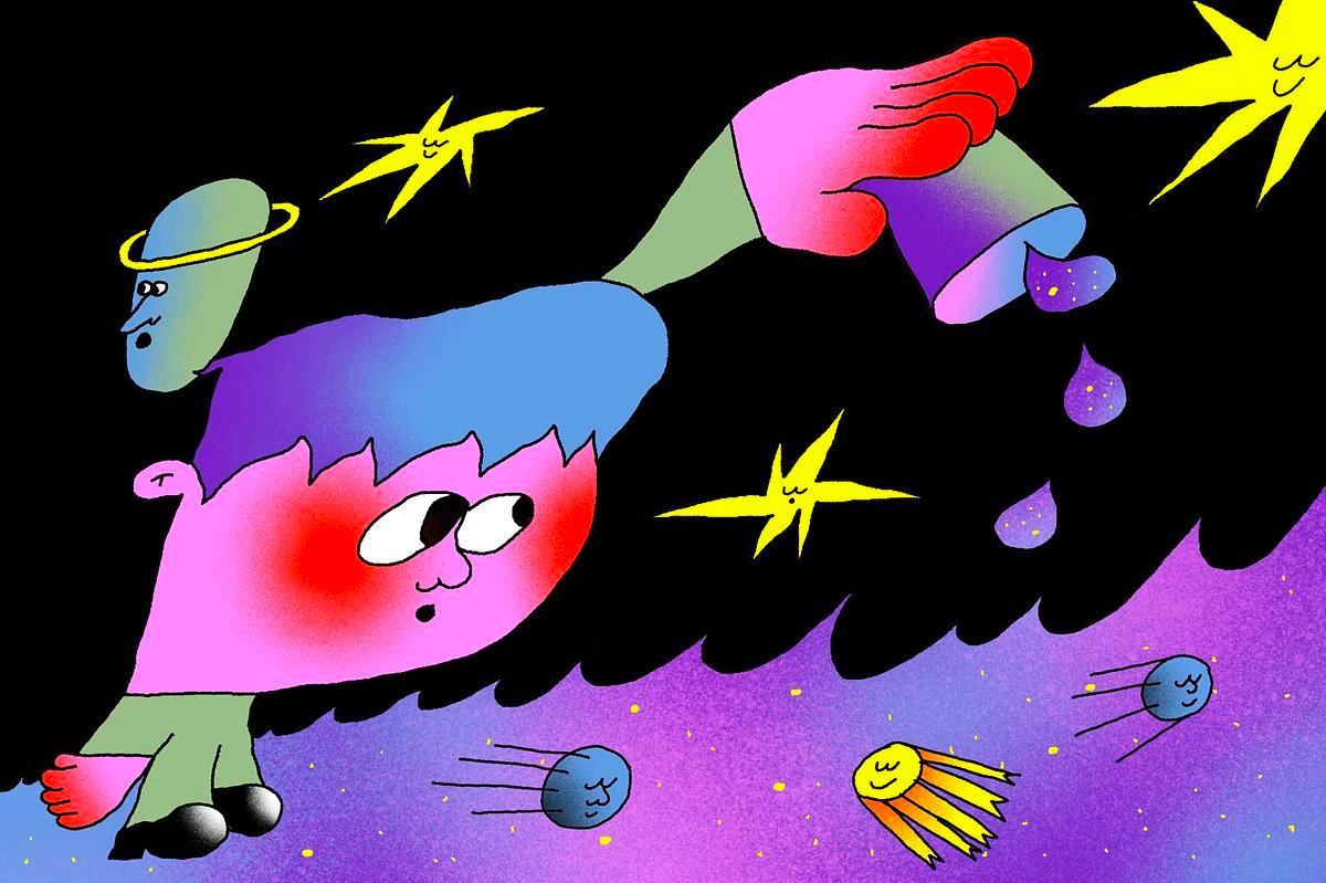 Рисунок: человек в космосе выливает воду из стакана в окружении звезд и спутников