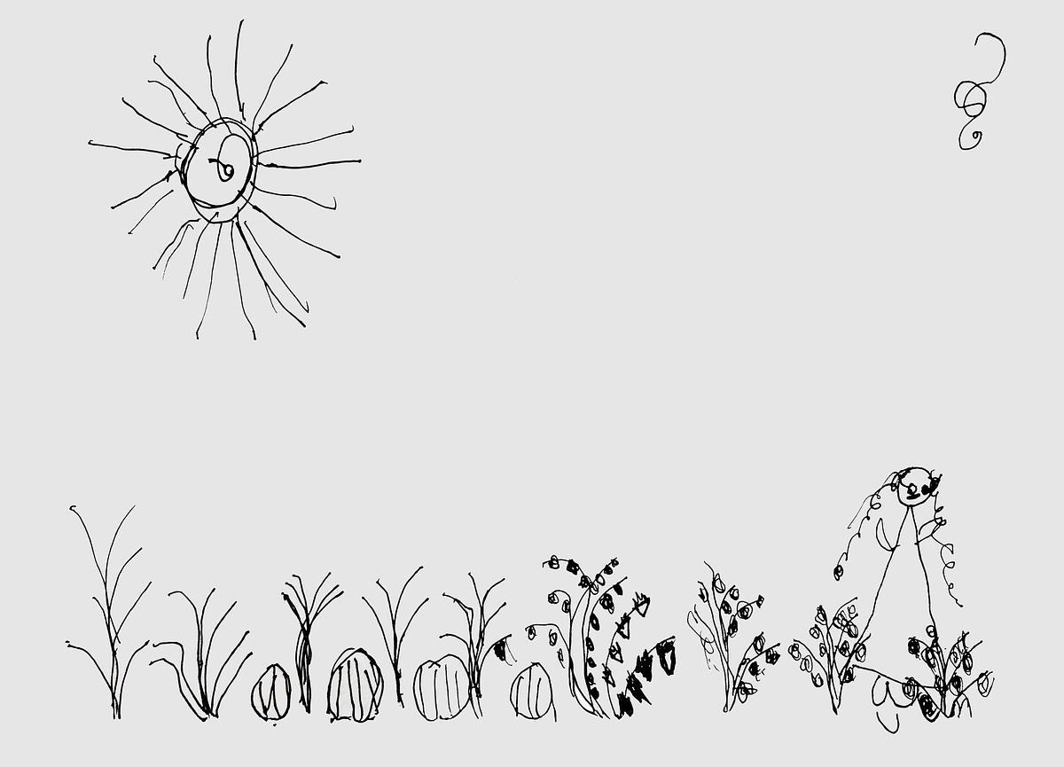 Иллюстрация, рисунок девочки в саду и солнешко