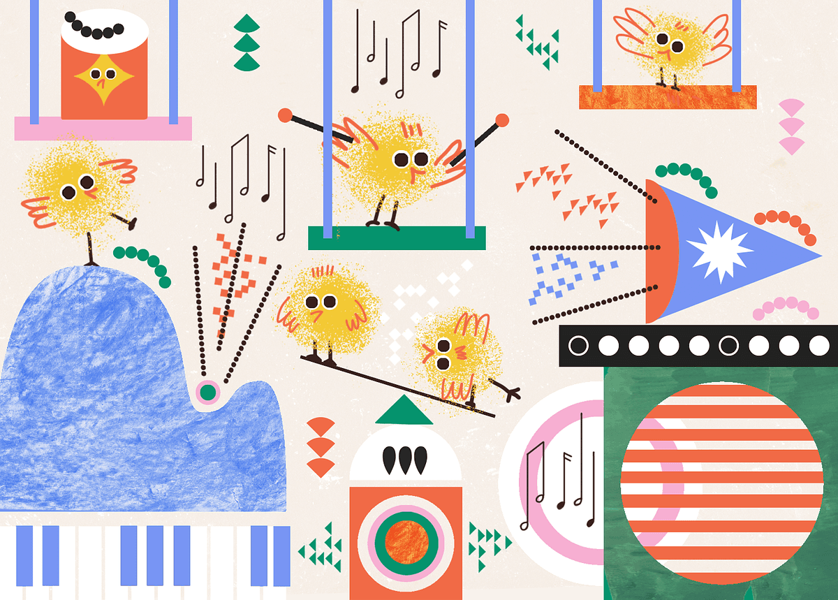 Иллюстрация рисунка как птенцы знакомятся с музыкальными инструментами