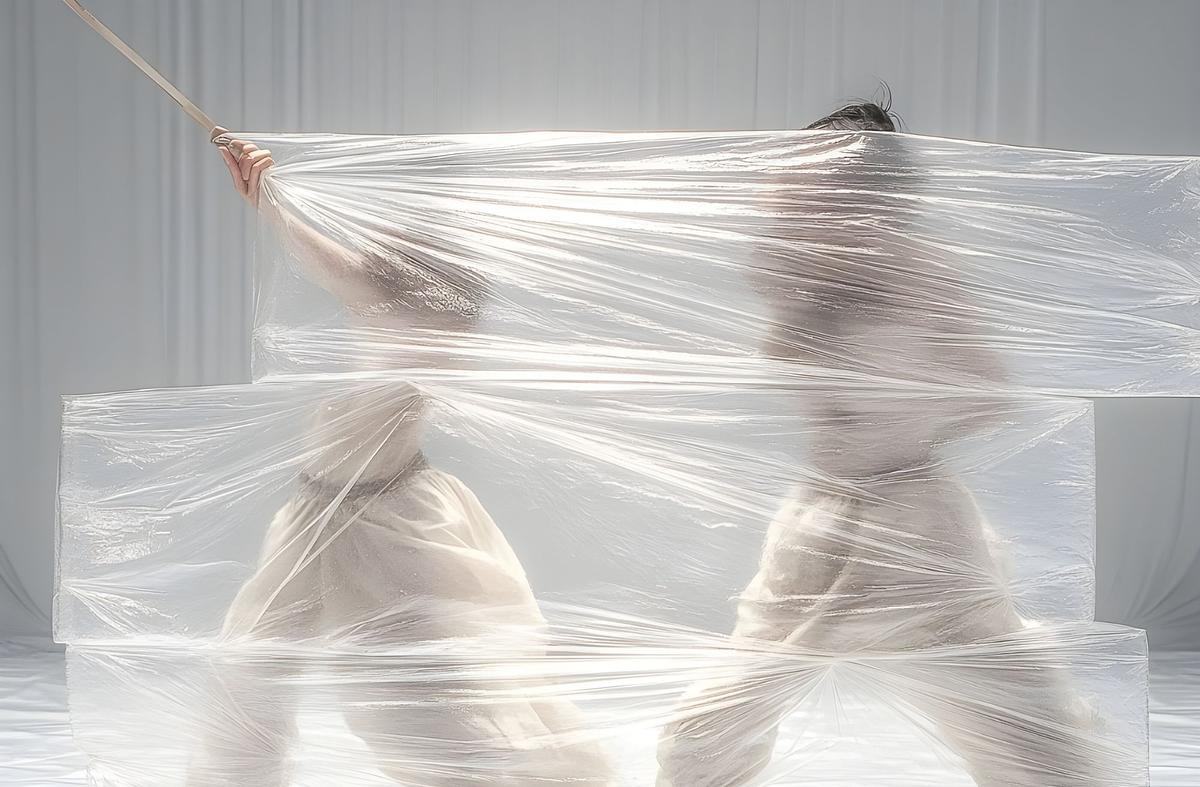 Два силуэта за стеной из целлофана