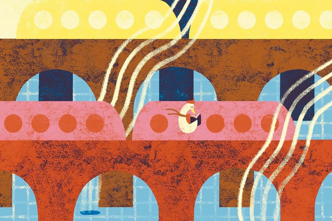 Иллюстрация, гусь един в поезде по мосту через воду