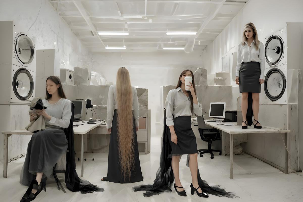 Девушки в кабинете с компьютерными столами и колонками