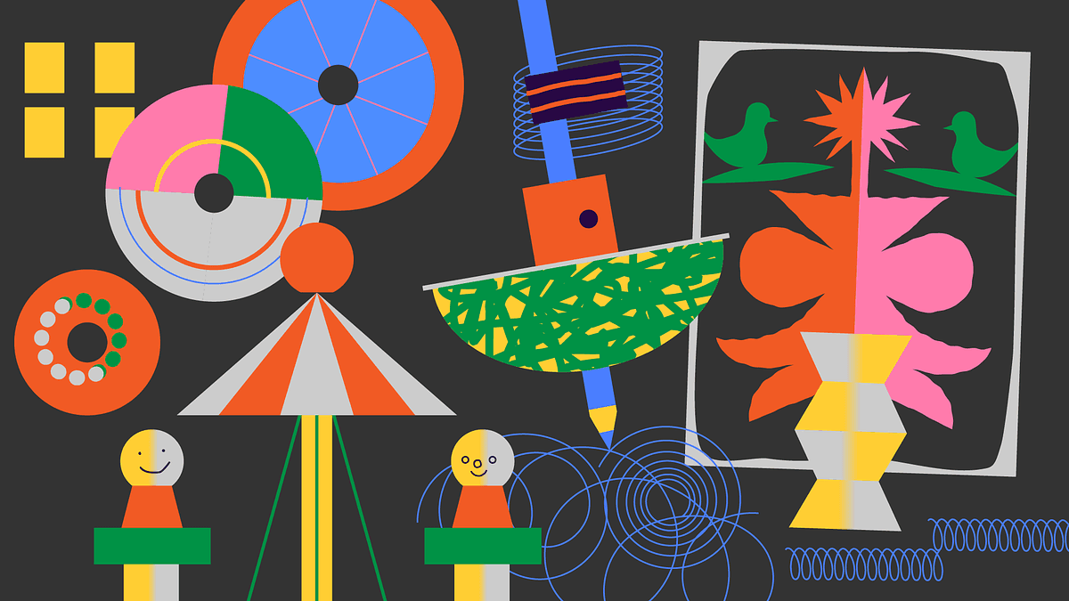 Иллюстрация на темно сером фоне с разноцветными рисунка кружков, юла, человечки