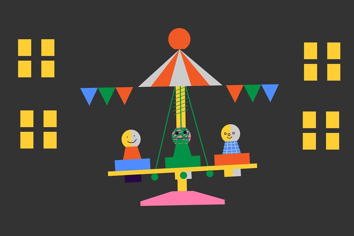 Иллюстрация, на черном фоне карусель с тремя фишками-детьми и желтыми квадратиками
