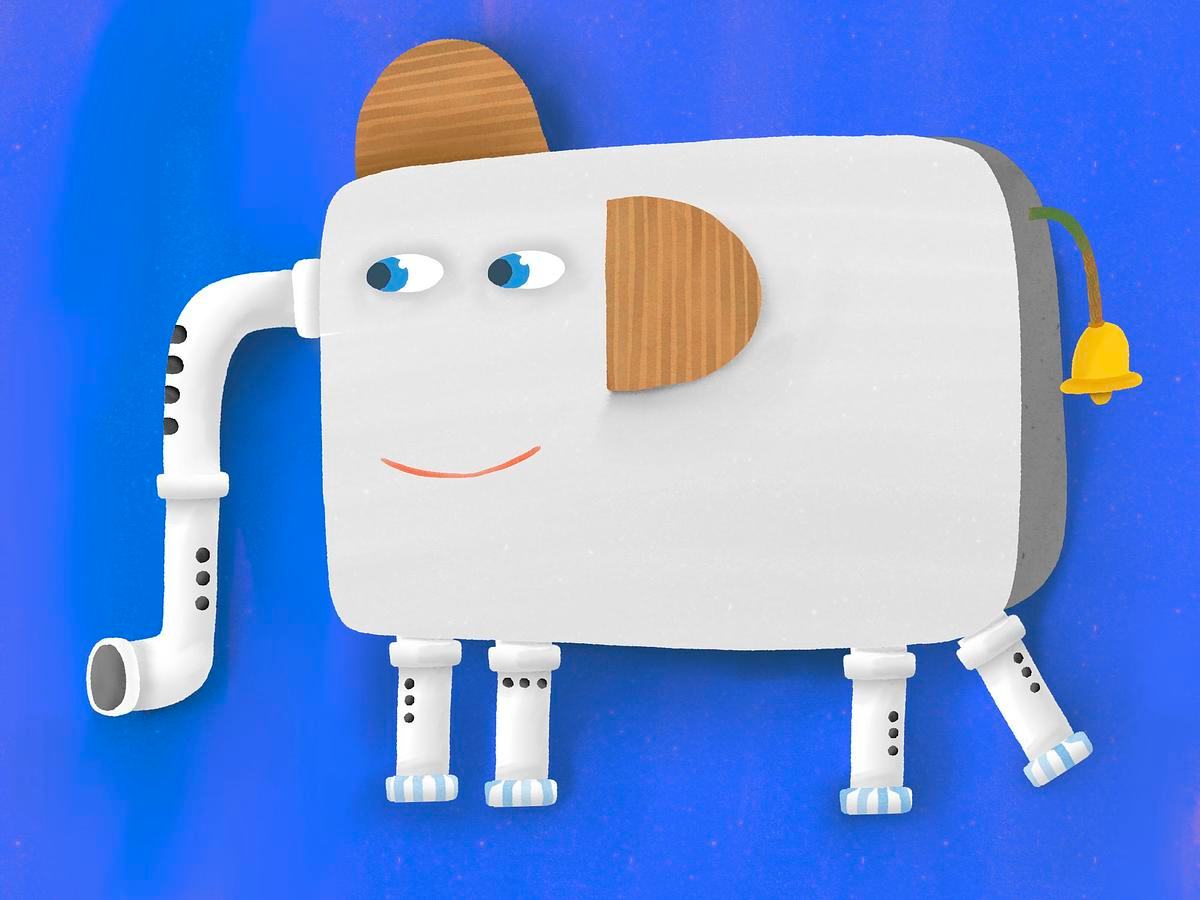 Иллюстрация: слона из дерева, бенота и труб