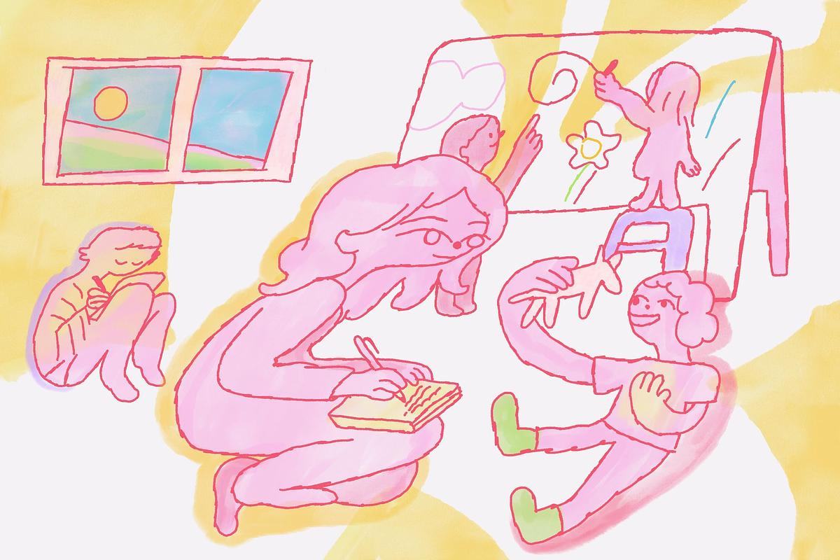 Иллюстрация, дети рисуют на доске и играют, а учитель записывает