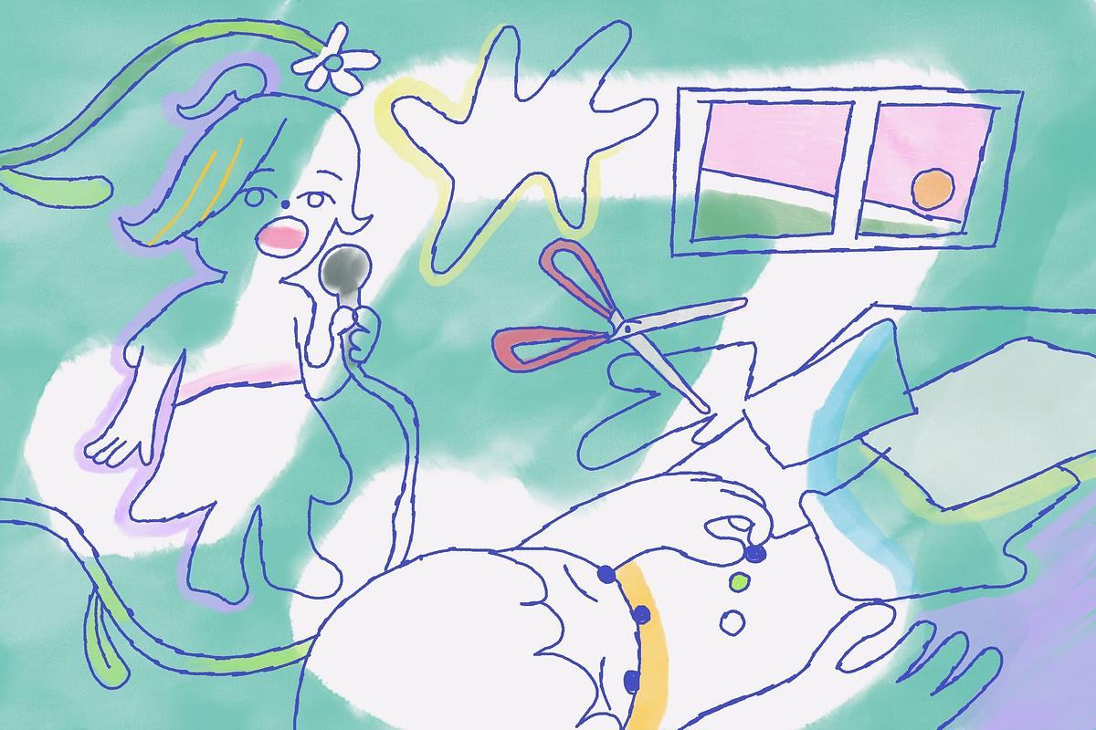 Иллюстрация, девочка поет, мальчик вырезает из бумаги